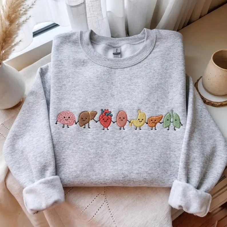 [MADE IN US] Embroidered Organ Friends Sweatshirt, Minimalist Anatomy Healthcare Crewneck, Nursing Student Graduation Gift, Cute Medical Student Sweater