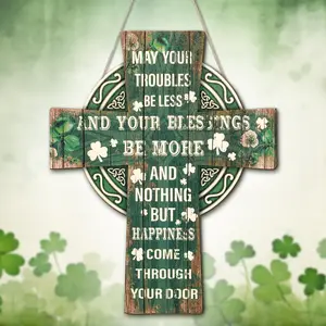 St Patrick's Day Wooden Cross Door Sign with Irish Blessing, Rustic Clover Wall Decor, Home Front Door or Party Decoration Hanging