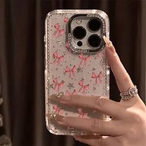 A Luxurious Phone Case Adorned with a Full Screen of Bowknot Designs And Sparkling Rhinestones, Featuring a Transparent Starry Border That Offers Drop Protection. Compatible with Iphone 17 Pro Max, 17 Air, 16, 15, 14 Plus, 13, 12