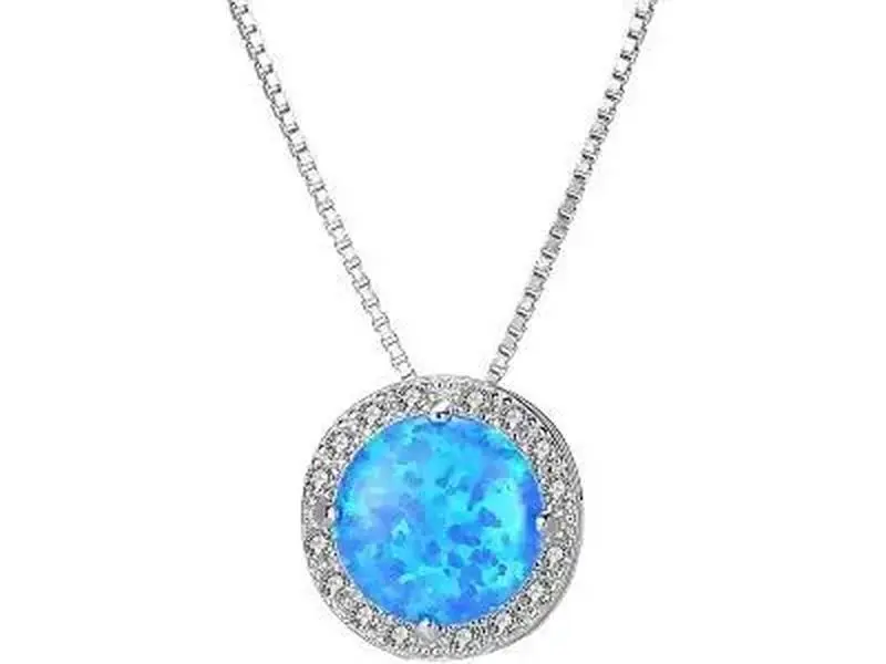 Blue Opal 925 Sterling Silver Dainty Necklace for Women,Blue Opal Play-of-Color Birthstone Necklace