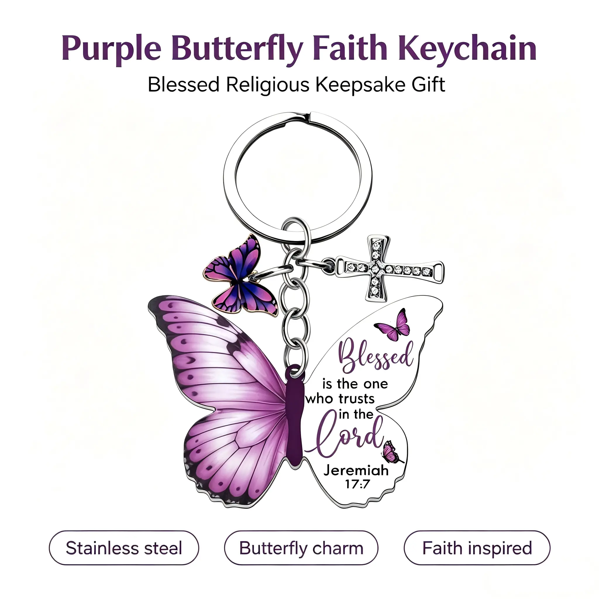 Purple Butterfly Christian Keychain - Bible Verse Cross Embellished Charm, Religious Inspirational Gift for Women, Animal-Inspired Butterfly Princess Fashion Keychain Accessories, Butterfly Princess Keychains, Cross Keychains