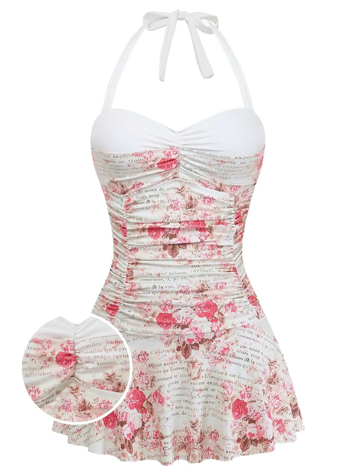 RETRO STAGE Women's 1950s Halter Top Floral Print Ruched Tummy Control 1-Piece Swim Dress - Wireless Bra, High-Stretch Polyester Blend, Multi-Size Period Bathing Suit, Shapewear Beach Outfit, Halter Top Swimwear, One Piece, Beach Outfits