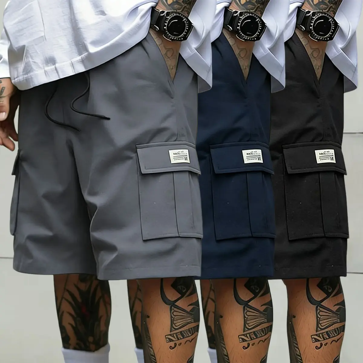 Men’s 3-Pack Color-Mixed Utility Cargo Shorts, Smooth Breathable Quick-Dry Fabric, Loose Straight-Leg Knee-Length Sport Activewear, Elastic Waist, Multiple Pockets, for Young Men, Outdoor/Commuter Outfits (Gray, Dark Blue, Black), Men's Cargo Shorts, Colo