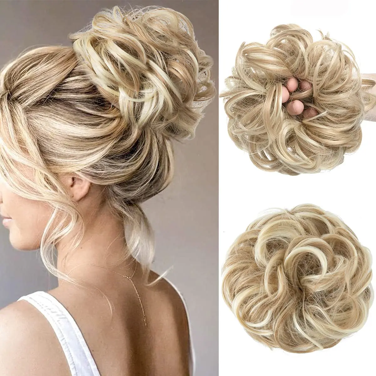 Large Messy Bun Hair Piece Elastic Wavy Curly Hair Bun Scrunchies Extensions Synthetic Chignon Hairpieces for Women Dirty Blonde