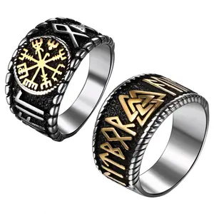 OIDEA Viking Rune Ring Set for Men - 2 Piece Stainless Steel Valknut Vegvisir Compass Norse Signet Pagan Jewelry, Unique Gift summerwins,summerwins
