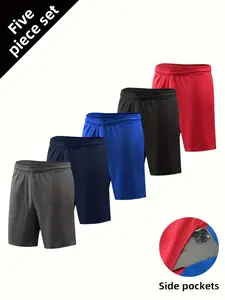 5pcs Men'S Solid Quick Drying Mesh Shorts, Casual Slightly Stretch Elastic Waist Drawstring Shorts For Summer Gym Workout Training