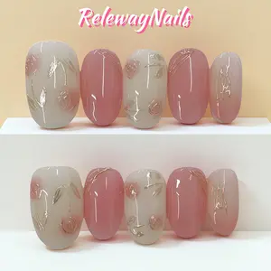 Medium Round Press On Nails White Pink False Nail Hand Painted Rose Flowers | Rosy Muse
