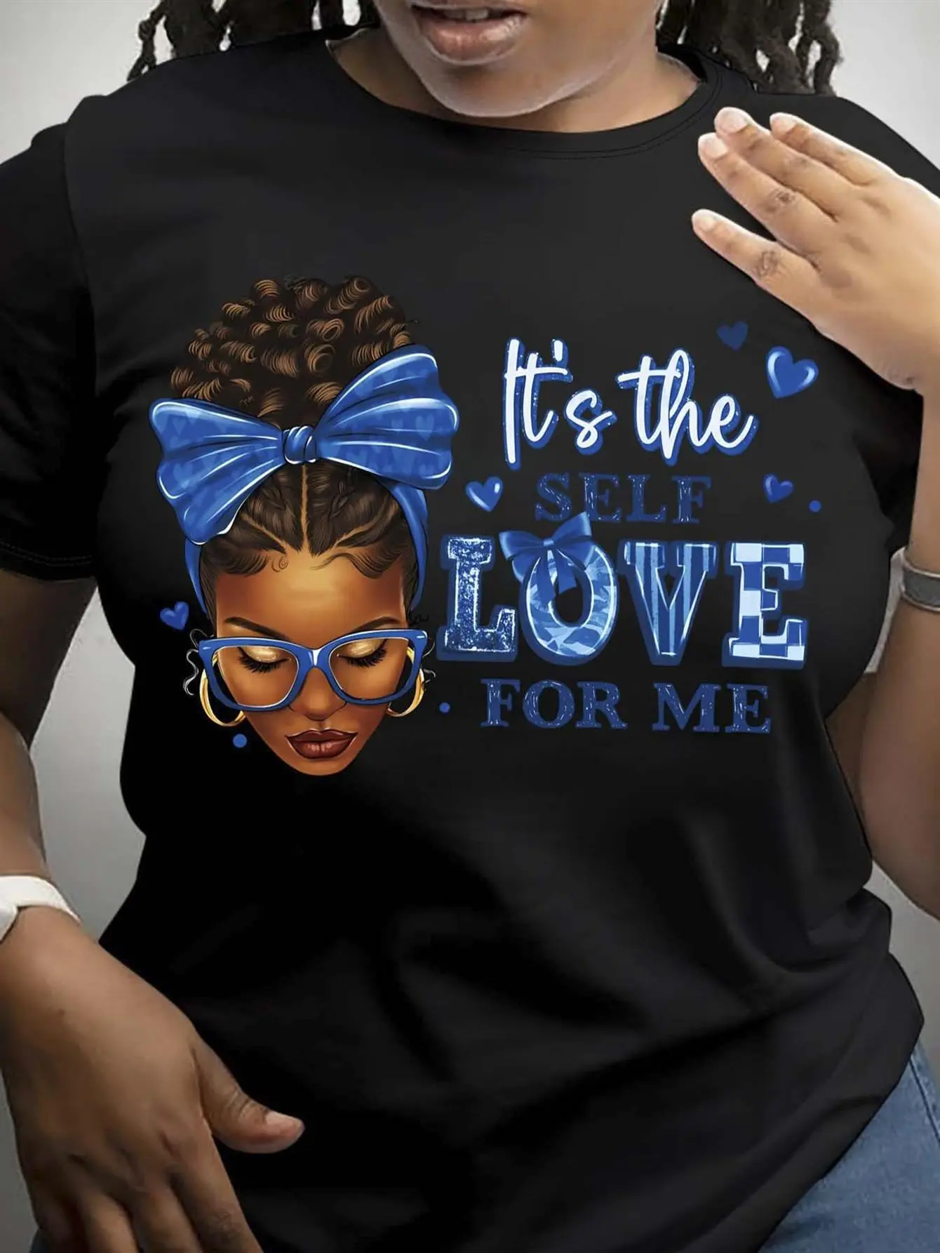 Women's Empowering African American Woman Self-Love T-Shirt - "It's The Self Love for Me" Motivational Quote Print with Blue Bow & Glasses, Soft Crew Neck Casual Top, Short Sleeve Summer Casual Attire Gift