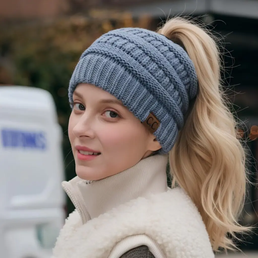 C.C Women's Ponytail Beanie – Chic & Cozy Cable Knit Hat for Fall and Winter, with Adjustable High Ponytail Opening, Perfect for the New Year Festive Season