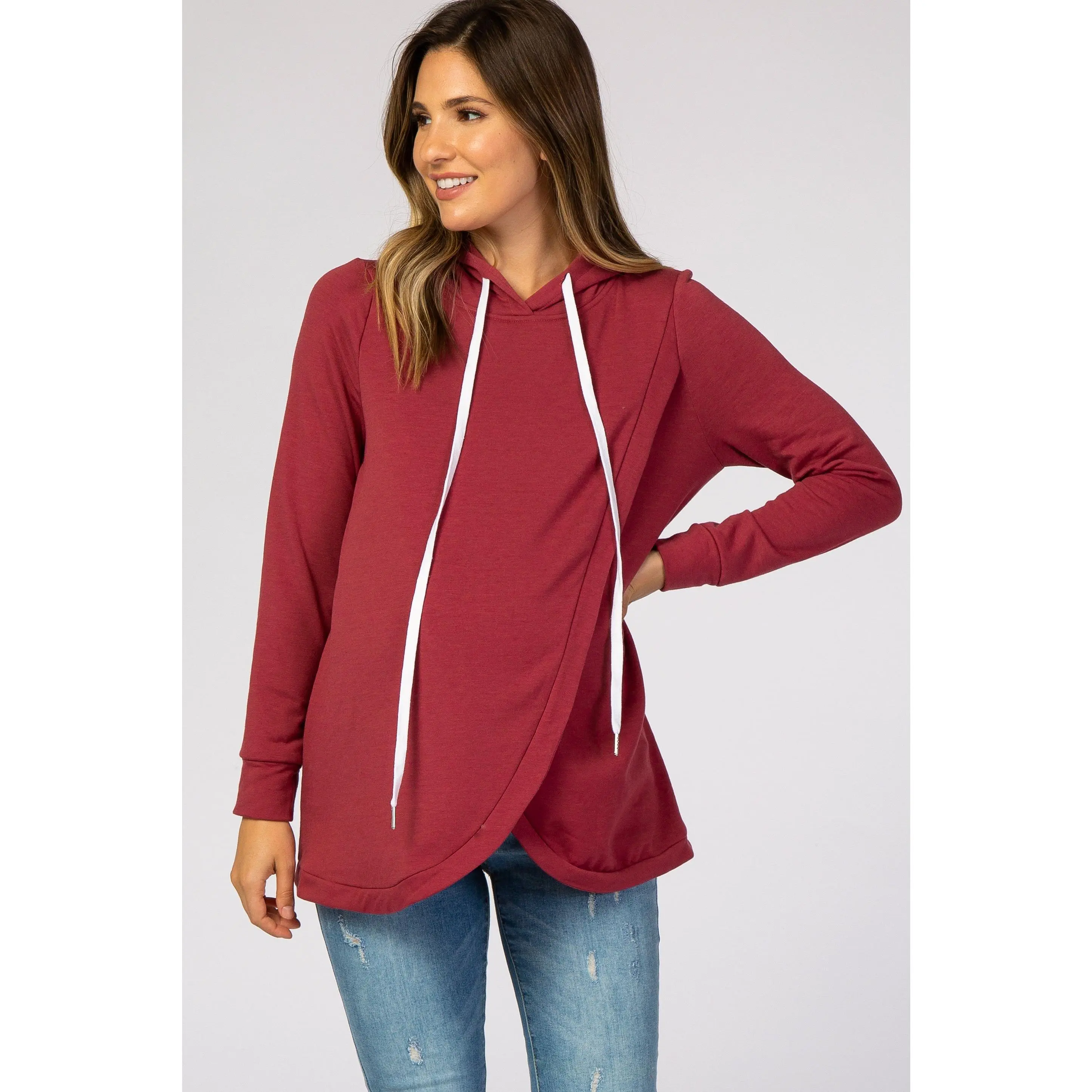 Women's Red Layered Front Prenatal Nursing Fleece Hoodie - Long Sleeve, Drawstring, Soft Fabric, Casual Maternity Top