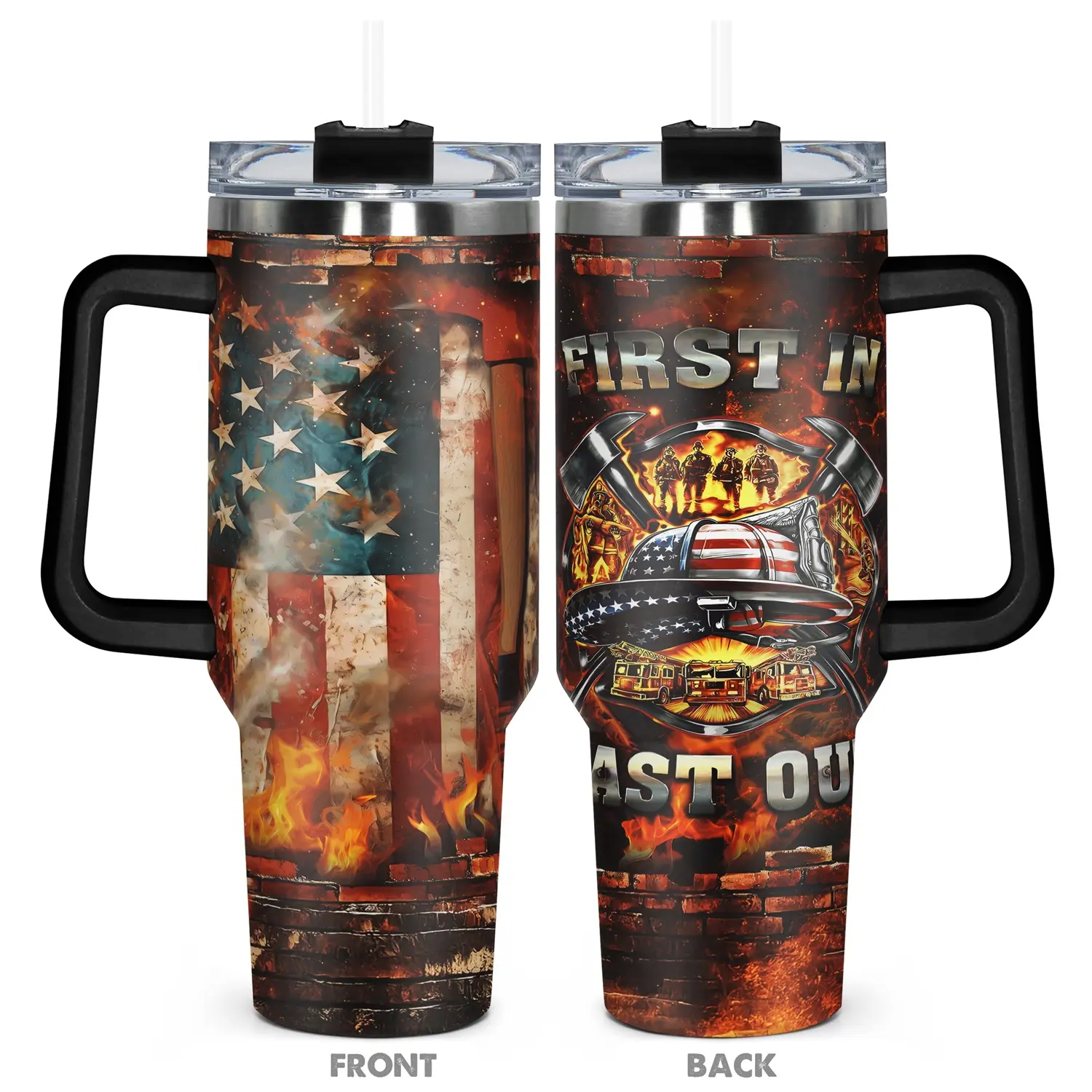 1pc, Gifts for Firefighter 40oz Vacuum Insulated Tumbler, Flasks, First In Last Out Funny Print, Insulated and Durable, Insulated Travel Drinkware, Gift for Any Occasion, Birthdays, Holidays or Special Moments for Family, Friends