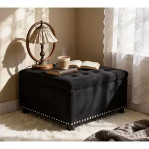 Oversized Square Storage Ottoman for Bedroom Living Room, Large Tufted Upholstered Ottoman Coffee Table with Nail Trims, Home Decor Foot Rest for Couch, 4 in 1 Design, Black