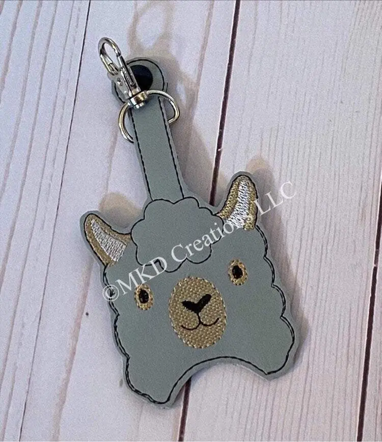 Llama with stitching on grey vinyl Key chain hand sanitizer holder | keychain hand sanitizer not included