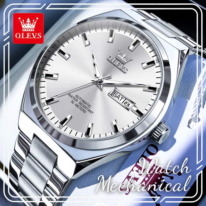Minimalist Business Automatic Mechanical Watch For Men OLEVS 9907, Silver Tone Dial With Day & Date Display, Luminous Hands, Stainless Steel Band, 3ATM Daily Splash Resistant, Ideal Birthday & Anniversary Gift