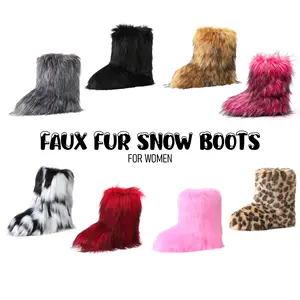 CELNEPHO Womens Faux Fur Mid Calf Boots Round Toe Flat Heel Fuzzy Fluffy Pull on Warm Indoor Comfy Snow Boots Chilly Day Booty Gift Casual Winter Dress Shoes