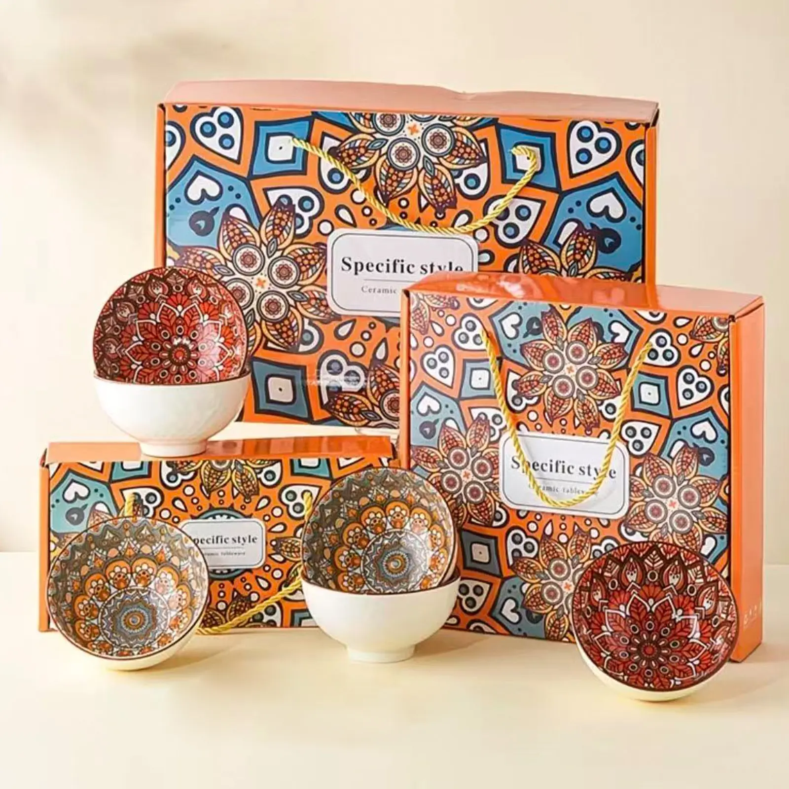 Bohemian Floral Print Ceramic Bowls Set - 4.5-in 10oz Tableware, Small Colorful Bowls for Rice, Snacks, Dishwasher & Microwave Safe, Housewarming Gift, Round Bowls