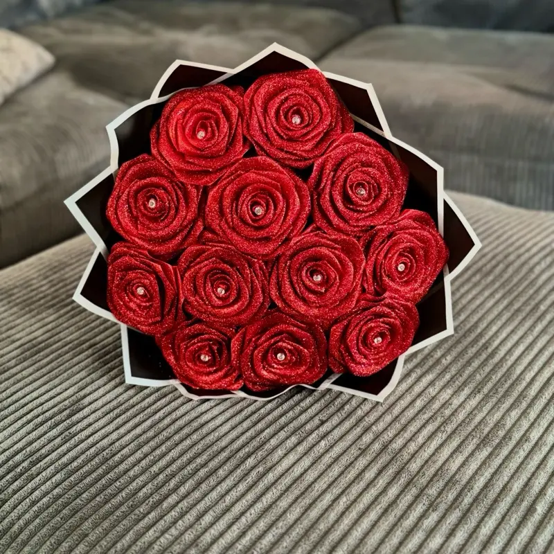 Red Glitter Eternal Rose Bouquet with diamond pins and black & white wrapping