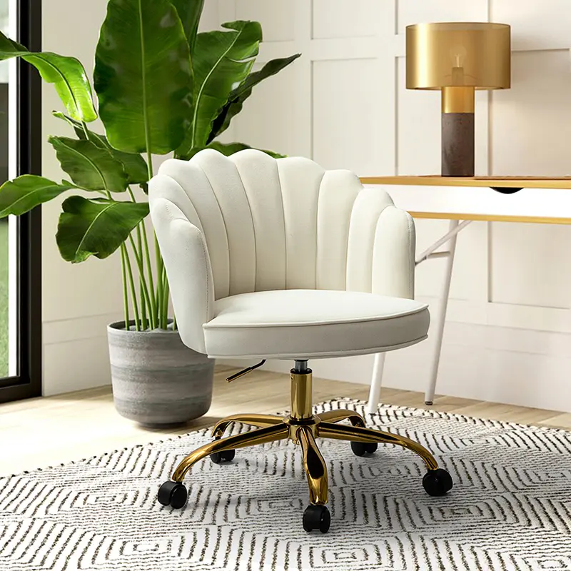 【Back to School】HULALA HOME Belanda Task Office Chair Height-adjustable Sturdy Durable Golden Finish Tufted Back Velvet Fabric Upholstery Flower Shape Back 360-degree Wheels Functional Stylish for Living Room Office