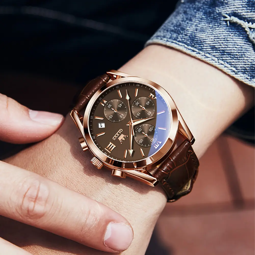 2026 New OLEVS Men's Quartz Chronograph Analog Watch, 40mm Large Round Dial Hardlex Glass Luminous, Leather Band Secure Clasp, 30M-50M Waterproof, Alkaline Battery Powered Casual Business Wristwatch