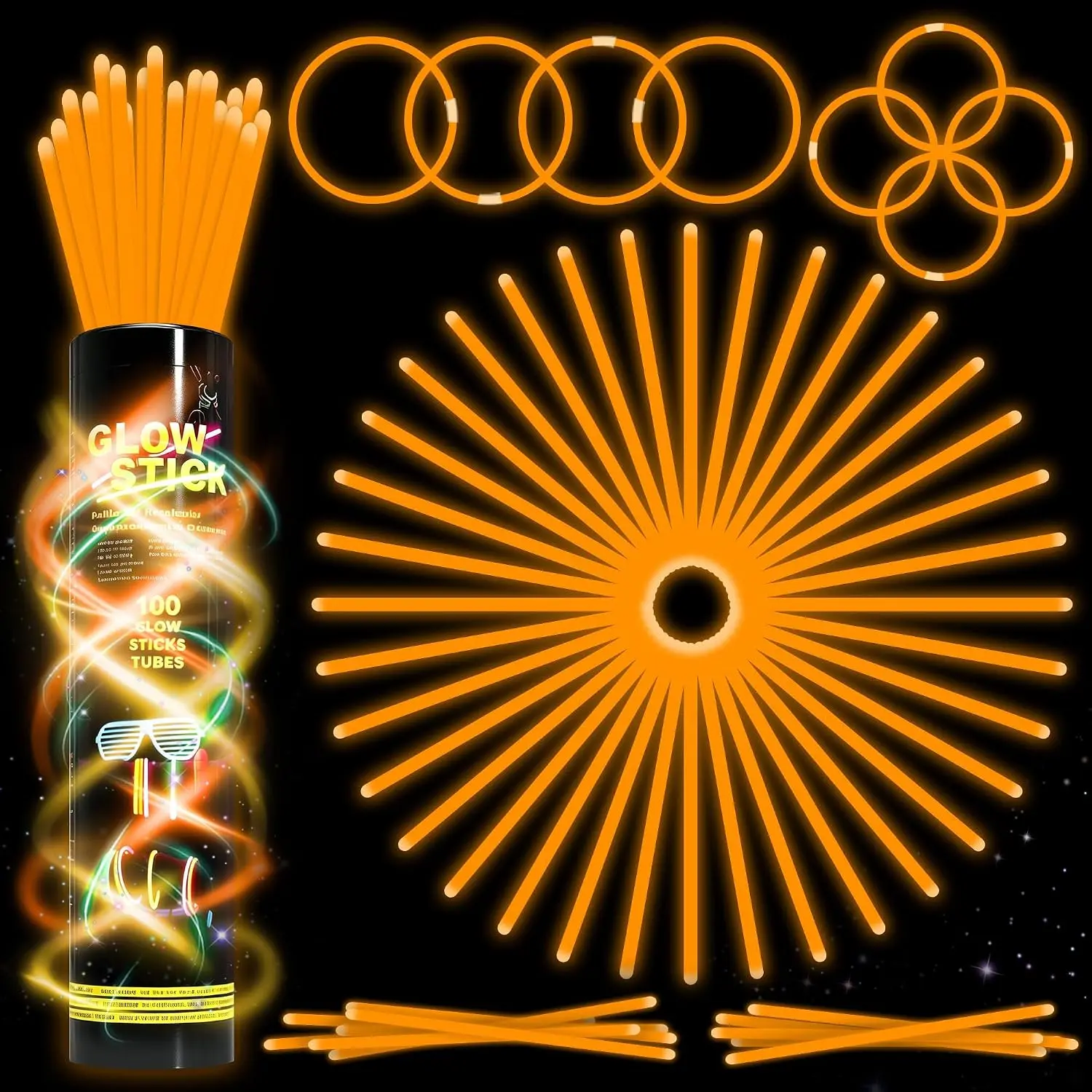 Halloween Fall Gift 100 Pk Orange Glow Sticks Bulk, 8 in Glow Necklaces & Bracelets for Kids & Adults, Glow In The Dark Party Supplies, Glow Sticks for Neon Party Halloween trick or Trick or Treat Alternatives Concerts