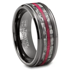 Mens Carbon Fiber Tungsten Carbide Ring Red Wood Wedding Band Gunmetal 8MM