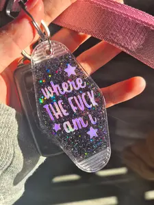 Where The F*ck Am I Funny Resin Motel Keychain Driving Dissociation Humor Opal Holographic Vinyl Handmade Black Glitter Resin Keychain
