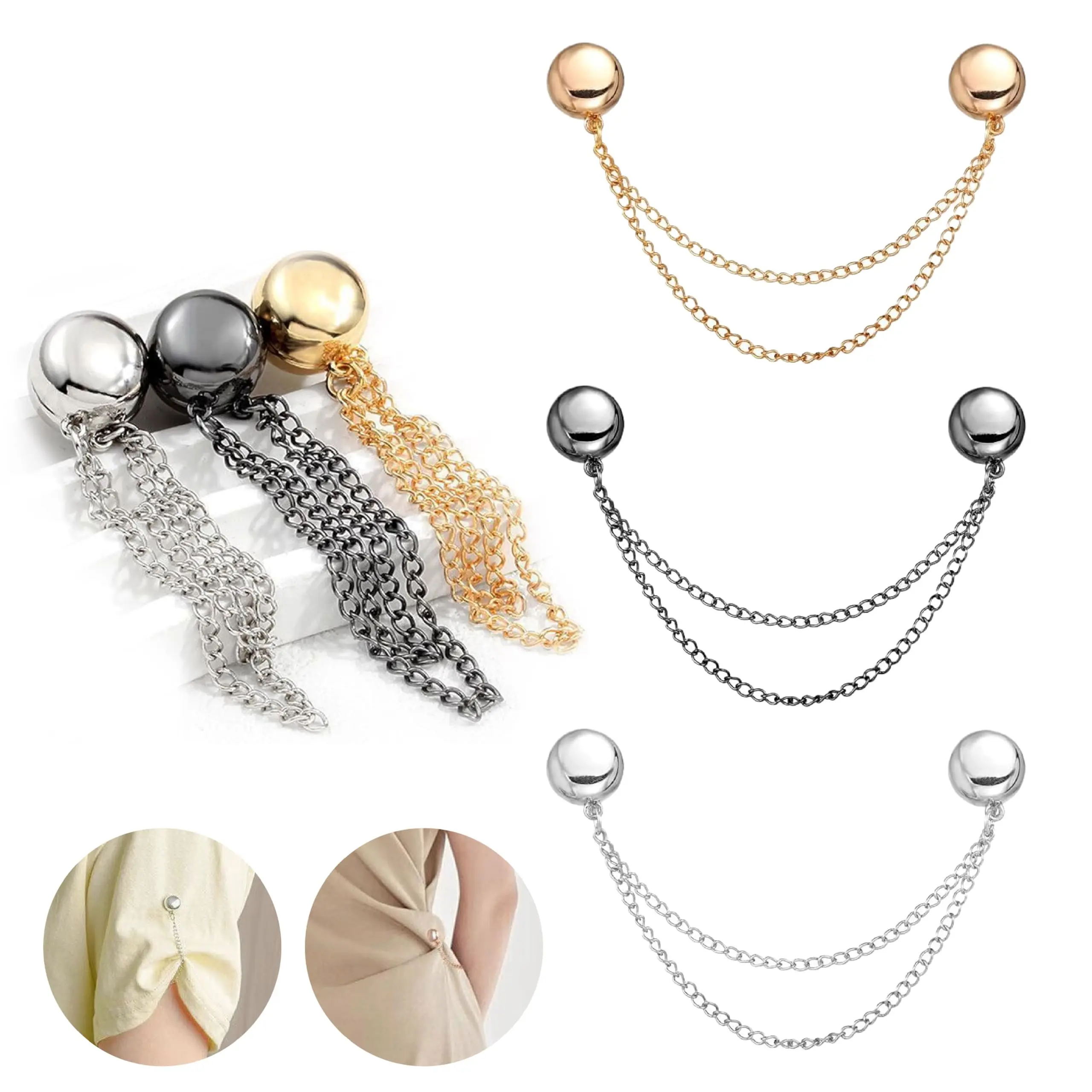 6 Pcs Hijab Pins - Strong-Hold Metal Magnet Pinless Round Pearl Clothing Clips with Chain, Adjustable Kit for Fixing Hem, Shirt Sleeves, Modest Islamic Fashion Accessories
