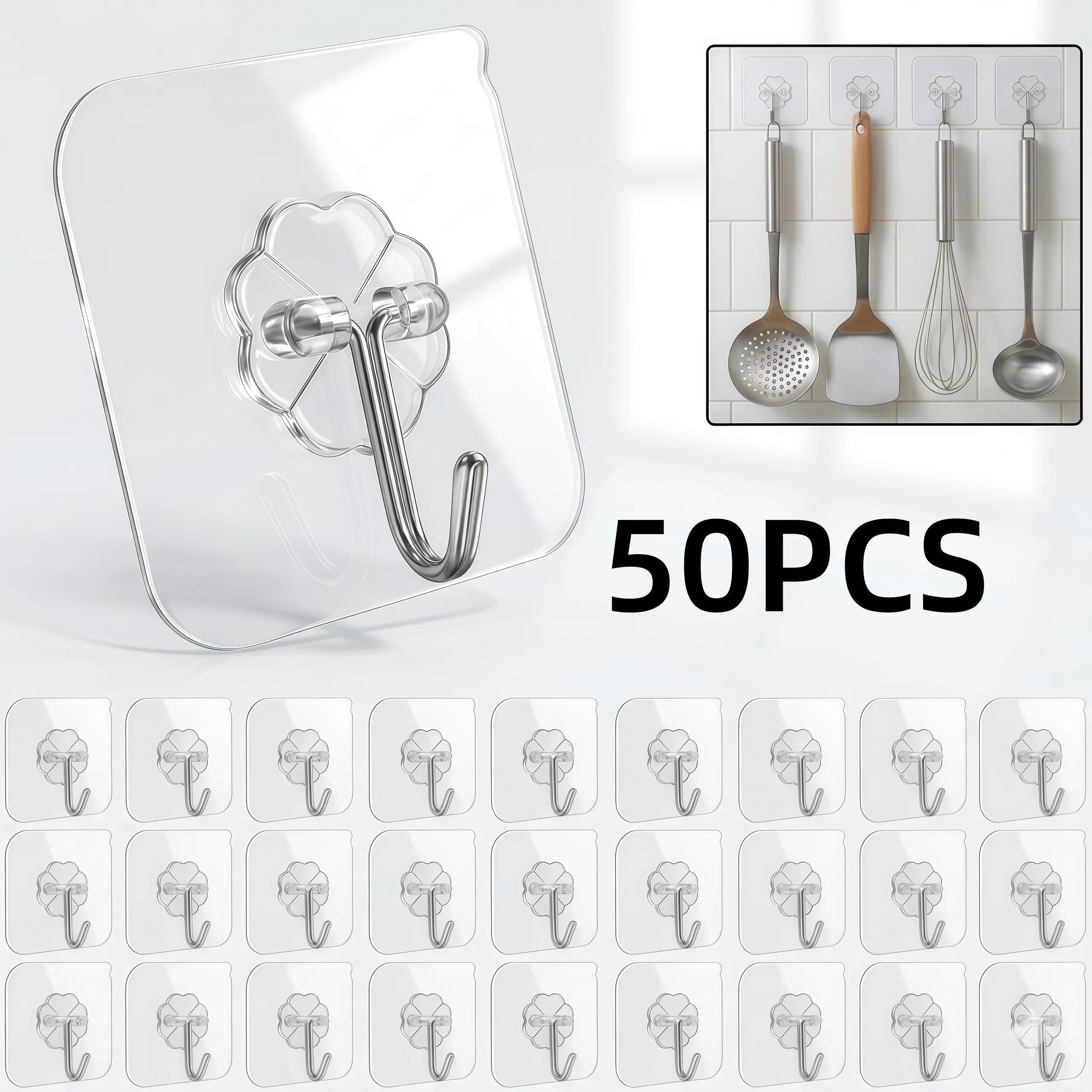 Free Shipping | 50-Piece Bulk Durable Heavy-Duty Adhesive Wall Mount Hooks & Rails - Renters-Friendly Home Accessory, Easy to Install Bathroom Organizers, Shower Hook Set for Wall Hanging Items, Easy To Install Hooks & Rails