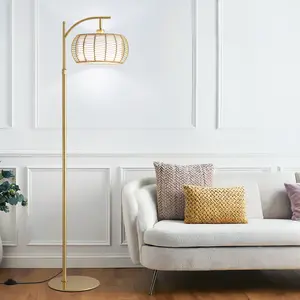 Golden Floor Lamp with Artisanal Rattan Weave Shade - Adjustable Height & Dimmable Modern Standing Lamp, Flexible Arc Design for Living Room, Bedroom, Office | Mid-Century Luxury Lighting with Warm Ambient Glow