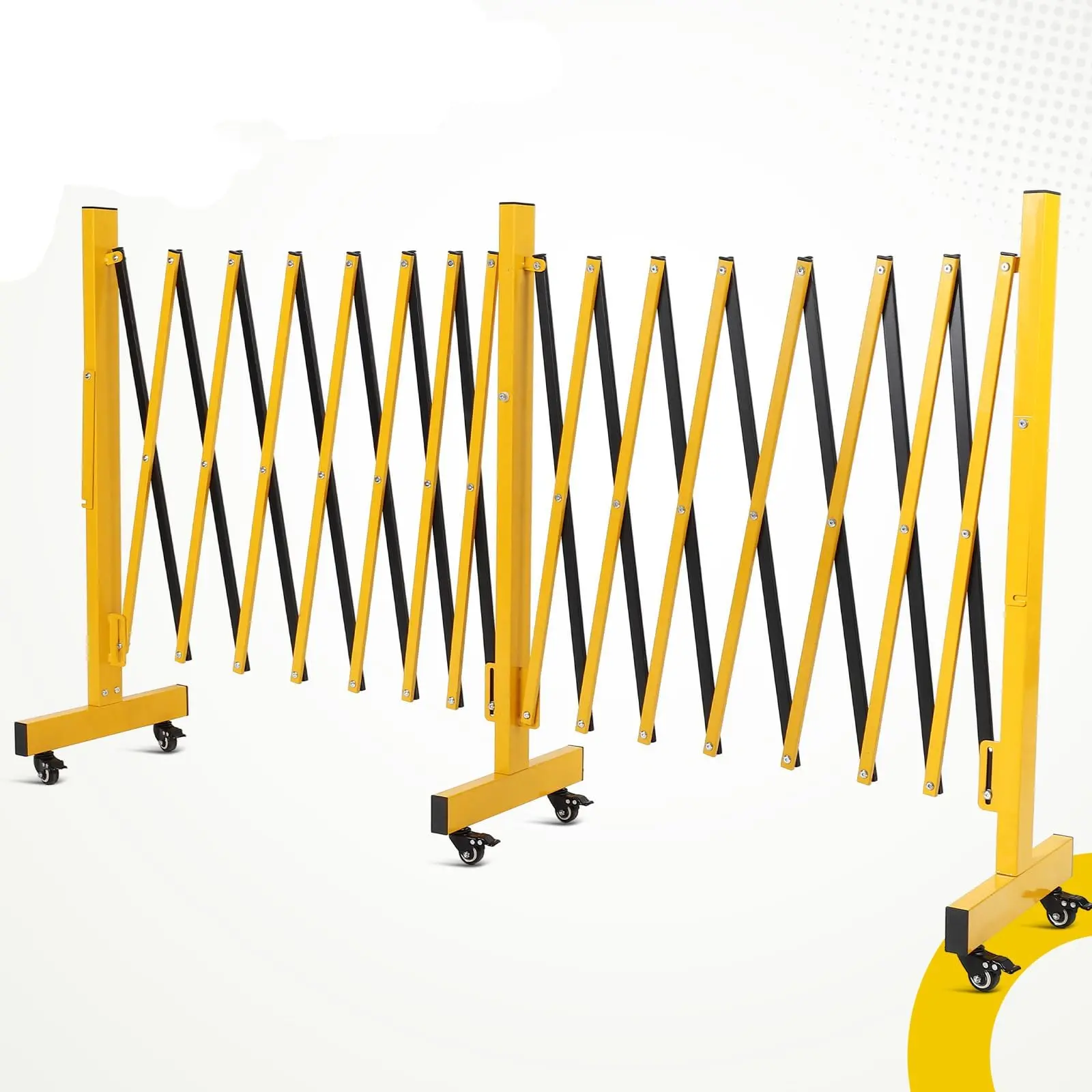 GARVEE Galvanised Steel Expandable Safety Barrier with Caster Wheels, 4.9M Industrial Mobile Telescopic Traffic Fence, High-Visibility Yellow-Black Folding Barrier for Warehouses, Effortless Mobility & Safety Cordons
