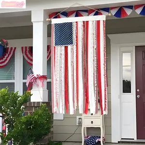 American Rag Flag Banner Patriotic Decor For 4th Of July Memorial Day, 50x27 Inch Rustic Burlap Tassel Garland For Independence Day Party, Boho Americana Wall Hanging Decoration For Home Outdoor Celebration 250th Anniversary Accessories