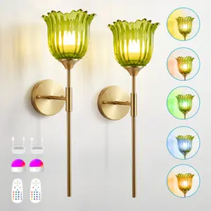 2-Pack Gold Wall Sconces with Green Glass Shade, Hardwired Indoor Wall Light Fixtures, Rechargeable RGB Magnetic Bulbs with Remote Control, 3Temperatures for Living Room, Bedroom, Hallway, Dining Room
