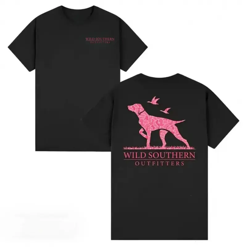 Unisex Pink Camo T-Shirt with Hunting Dog Graphic Print, Southern Style Cotton Short Sleeve for Outdoor Wear, Tshirt, Menswear, Women's Clothes, Shirts For Women, Apparel T Shirt