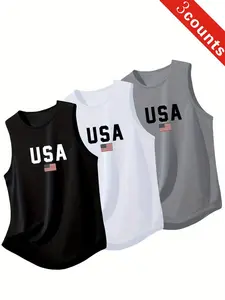 3 Pack Men's Sleeveless Tank Tops Vests Casual Athletic Activewear USA Flag Print for Summer Gym Workout Daily Outdoor Wear