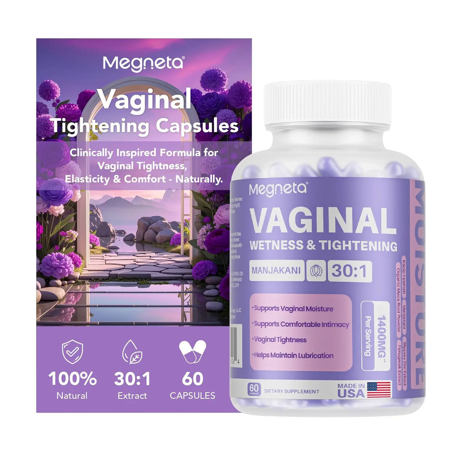 Vaginal Tightening Capsules for Women – Kacip Fatimah, Manjakani & Slippery Elm – Supports Feminine Firmness, Elasticity & Intimate Moisture – 60 Vegan Capsules