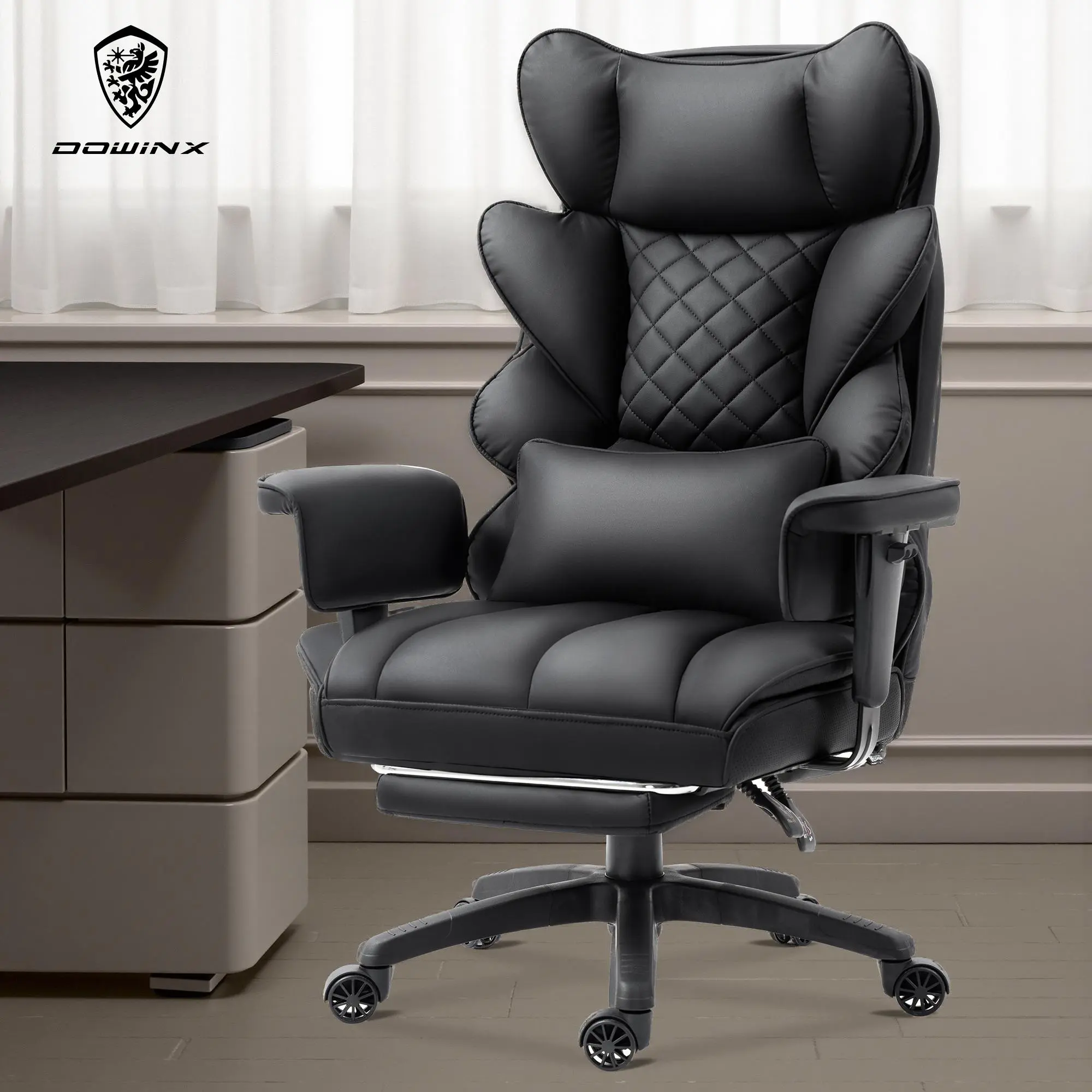 Summervibes Dowinx High Office Chair, with Pocket Spring Pad and waist Rest, High Back Computer Game Chair, Adjustable Armrests, Footrested, PU leather