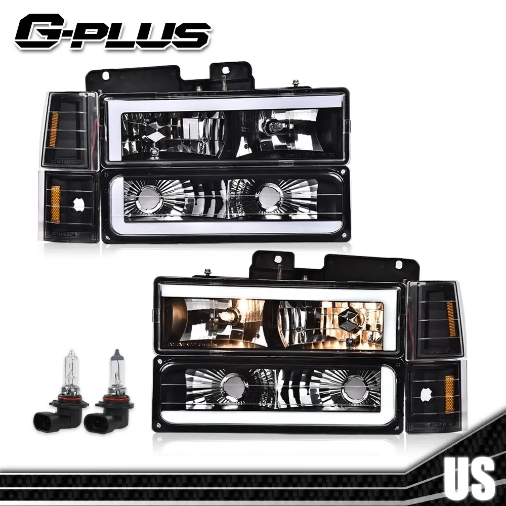 G-PLUS Headlights for 1994-1998 GMC C/K Sierra Suburban LED DRL Headlight Assembly with Bumper Lamps Black/Chrome,car accessories