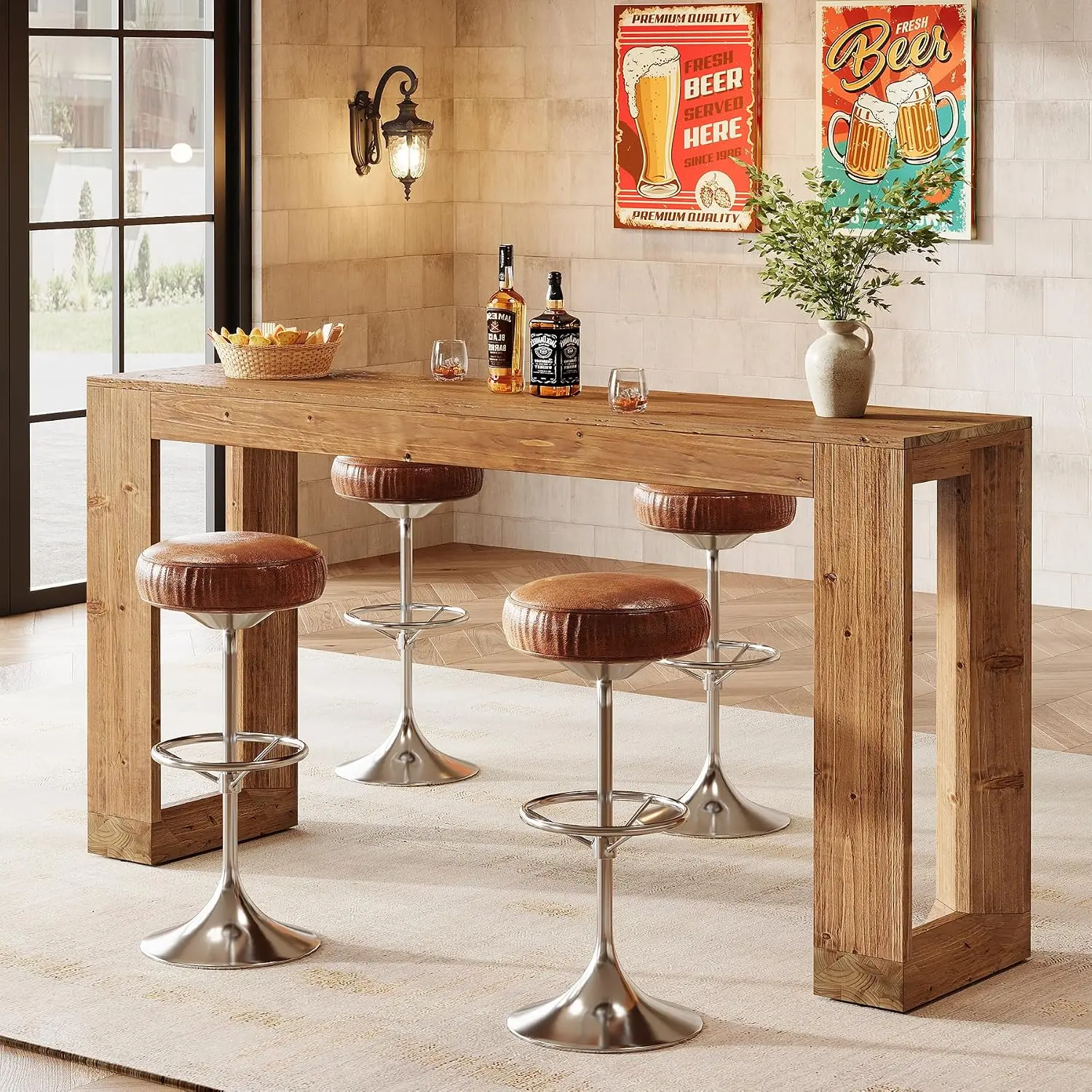 TRIBEWOOD Solid Wood Bar Table - 63-Inch Long Counter Height Farmhouse Rectangular Pub Table, Seats 4-6, Brown Home Coffee Bar Unit for Kitchen, Dining Room, Bistro