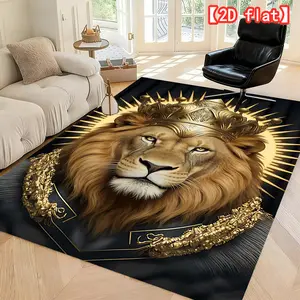 2D flat gold lion crown pattern washable carpet, Boho Rug, fashionable and durable, suitable for living rooms/bedrooms/indoor and outdoor entrances, home/hotel/cafe mats, perfect for party decoration.