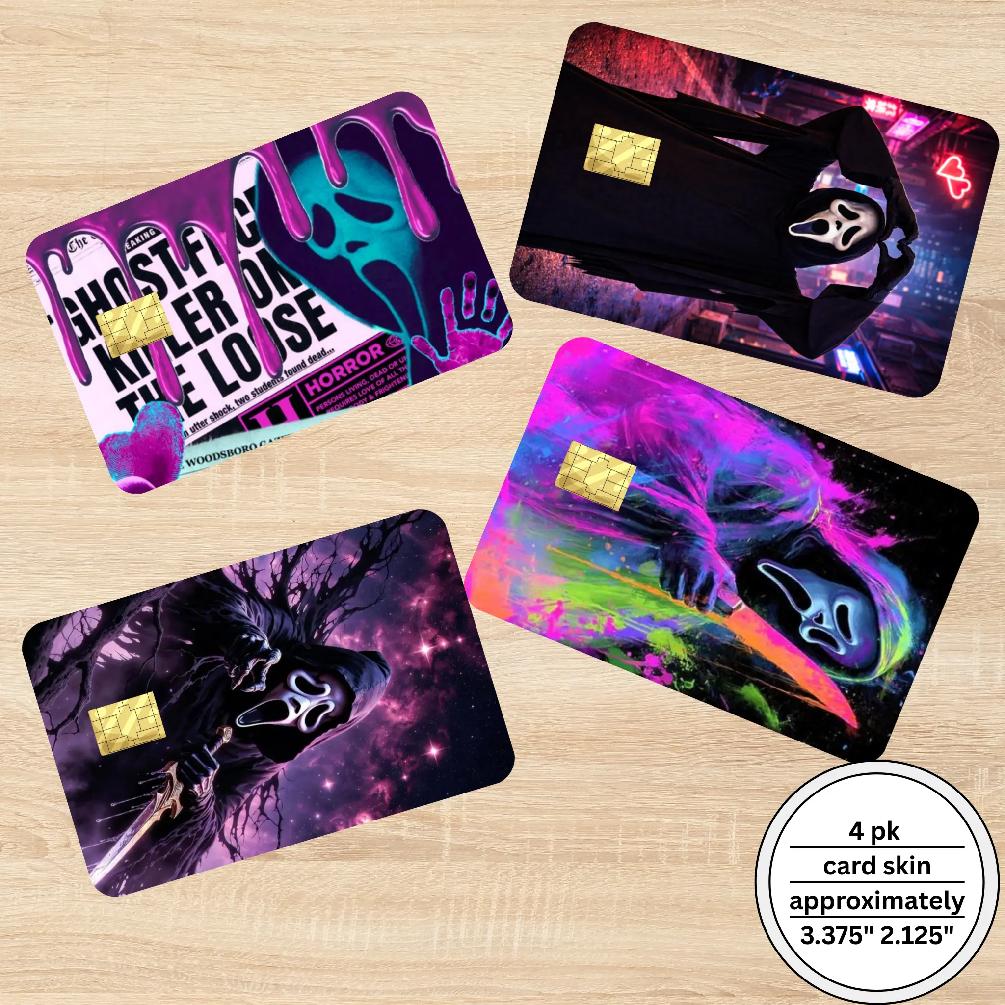 Handmade Ghostface Holographic Horror Aesthetic Card Sticker Covers, 4-Pack Neon Shiny Finish, 3.375x2.125 in Waterproof Scratch-Resistant Easy-Application Office Card Sticker Covers, Card Sticker Cover