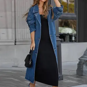 Women'S Vintage Long Jean Jacket Temperament Loose Fit Double Breasted Denim Jacket Lapel Trench Coat With Belt Woman Clothing Womenswear Outerwear