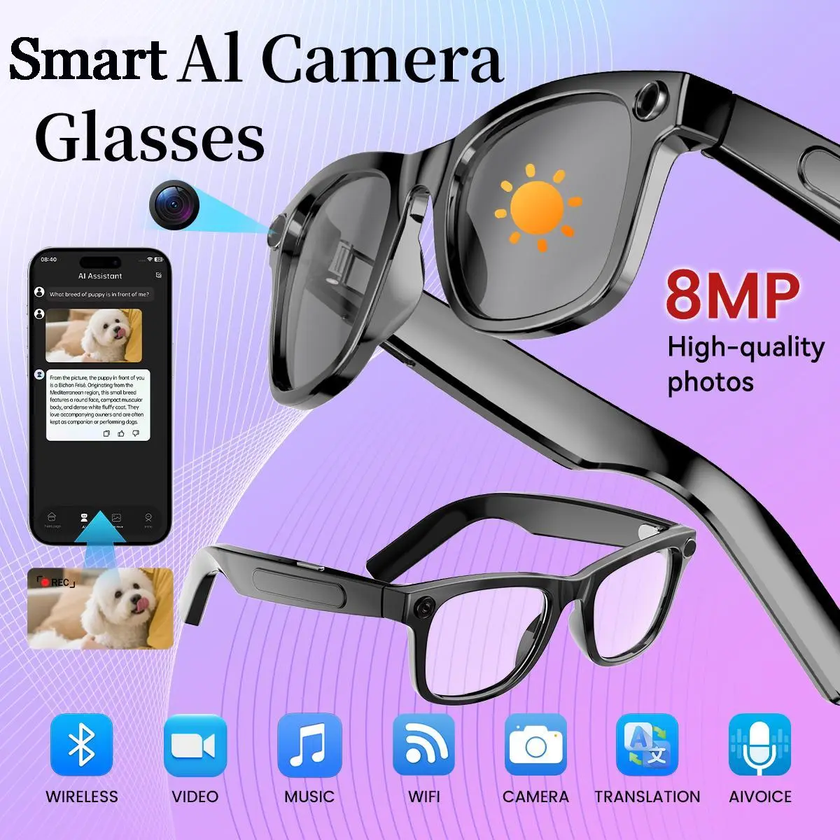 W&O AG18 AG11 Smart AI Glasses with 8MP Camera, 2K HD Video Recording Integrated AI Voice Assistant & Real-time Translation ,Wireless Bluetooth Audio & Music,Smart Wearable Glasses for Men/Women