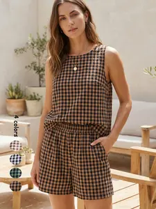 Women's Summer Plaid Sleeveless Vest Top & Elastic Waist Shorts Set, matching sets, Beach Vacation Travel, Comfortable Casual Daily Wear, Womenswear