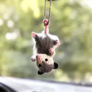 1PC Opossum Hanging Ornament, Handmade Crochet Pendant with Pink Paw Details, Swinging Design, Rearview Mirror Decor, Cute Dashboard Accessory, Gift for Halloween, Christmas, Easter, Thanksgiving