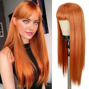 Woolook Women's Long Orange Straight Wig with Bangs Heat Resistant Synthetic Hair Natural Look for Cosplay Halloween Daily Parties Wedding Birthday