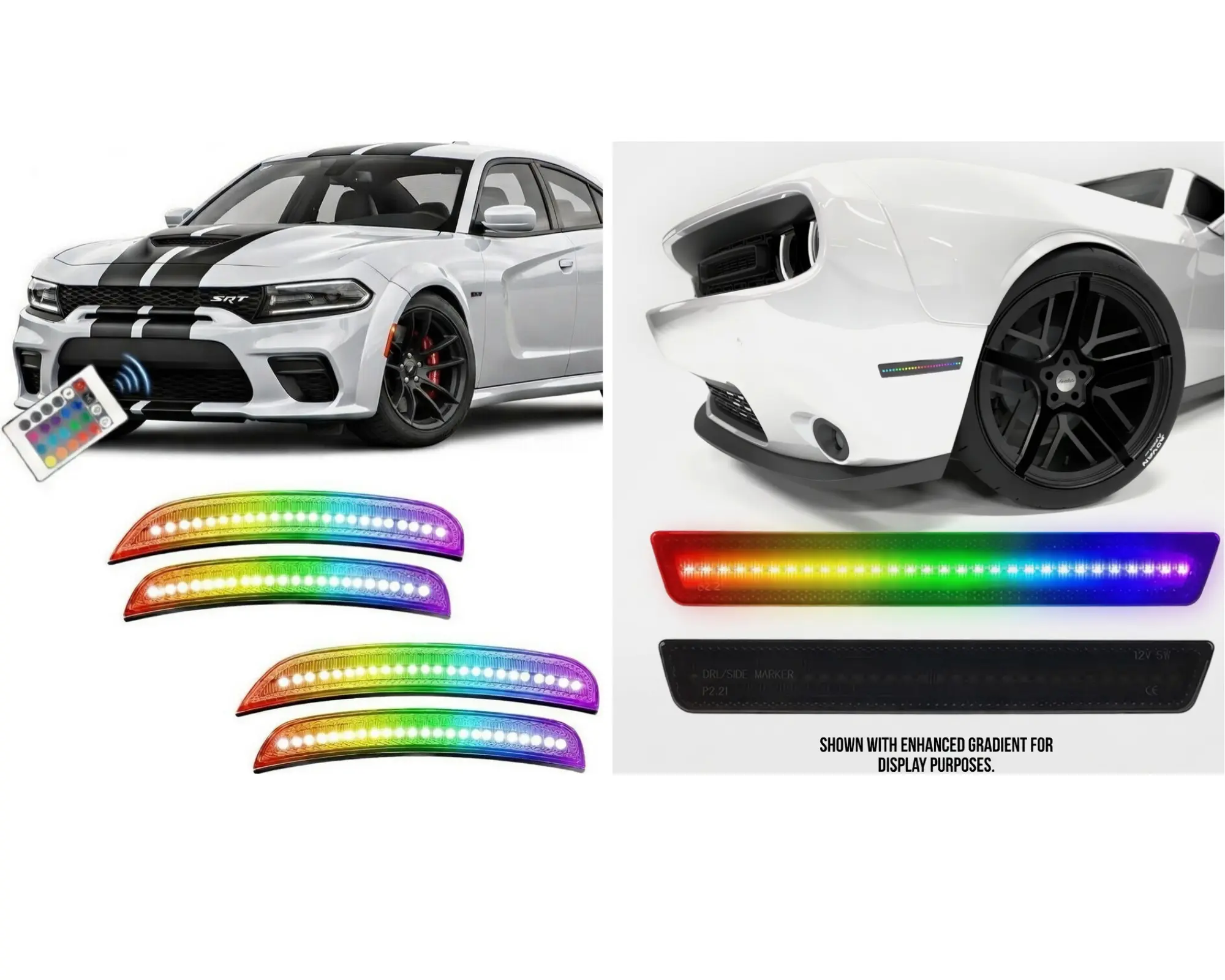 RGB LED Side Marker Lights for Dodge Charger & Challenger & Widebody 2015+, Smoked Lens Front & Rear Bumper Fender Lights, Driver & Passenger Side, 4PCS