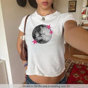 Disco Ball Baby Tee with Pink Stars, Retro Y2K Shirt