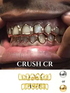 CRUSH CR 1pc 18K Gold Plated Open Face Cutout Teeth Grillz Set(Top Bottom) Gold/Silver Options Hollow-Out Design, Lightweight For Hip Hop Concerts Halloween Vampire Costumes Club Nights Streetwear Fits Unisex Dental Accessory For Rappers Trendsetters