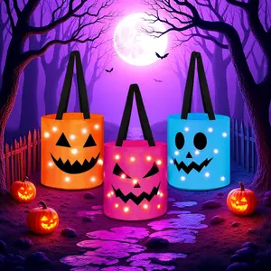 Halloween Candy Bucket with LED Lights Non Woven Gift Bags Trick or Treat Bags Pumpkin Candy Bags, Night Light Bags for Home Garden Lawn Decorations,Halloween Birthday Christmas Party Favor Supplies