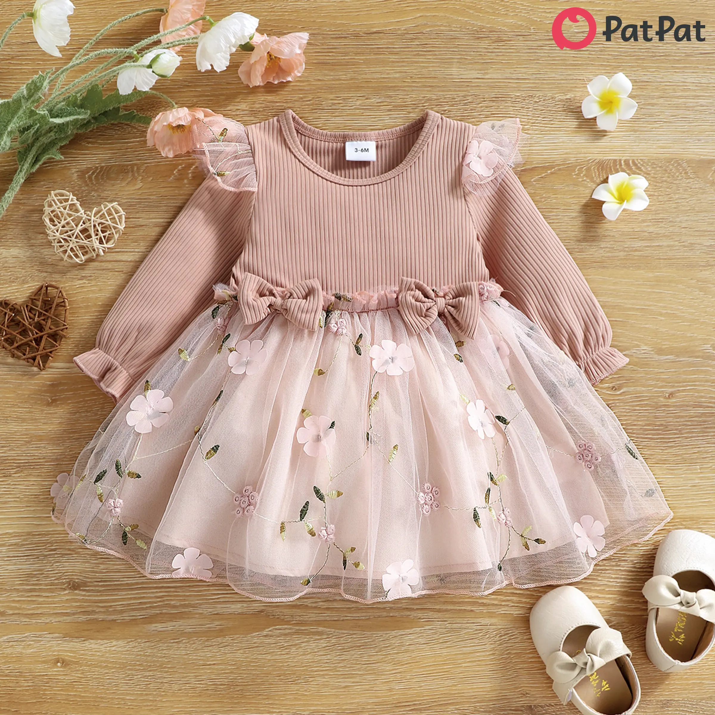 PatPat Baby Girl Pink Ribbed Long-sleeve Bowknot Floral Embroidered Mesh Dress